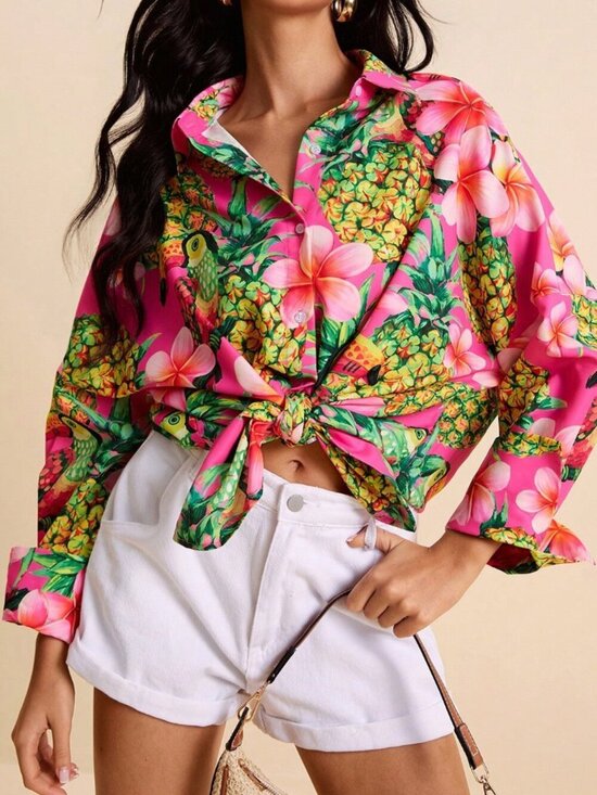 Tops - Multicolor Boho Women's Tropical Loose Fit Floral Pineapple Shirt